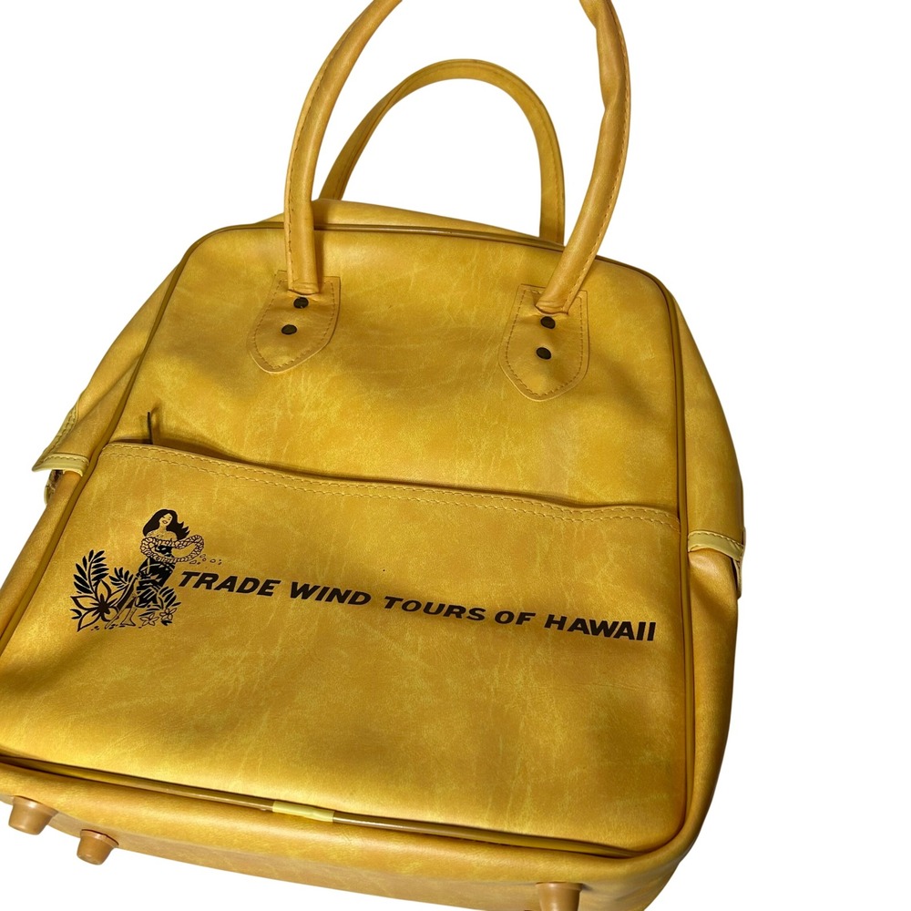 Vintage Trade Wind Tours of Hawaii Yellow Vinyl Travel Bag Hula Girl Retro MCM - Picture 3 of 12